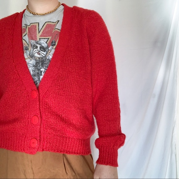 VTG 80s Cherry Red Cable Knit Sleeve Cardigan L - Picture 4 of 10